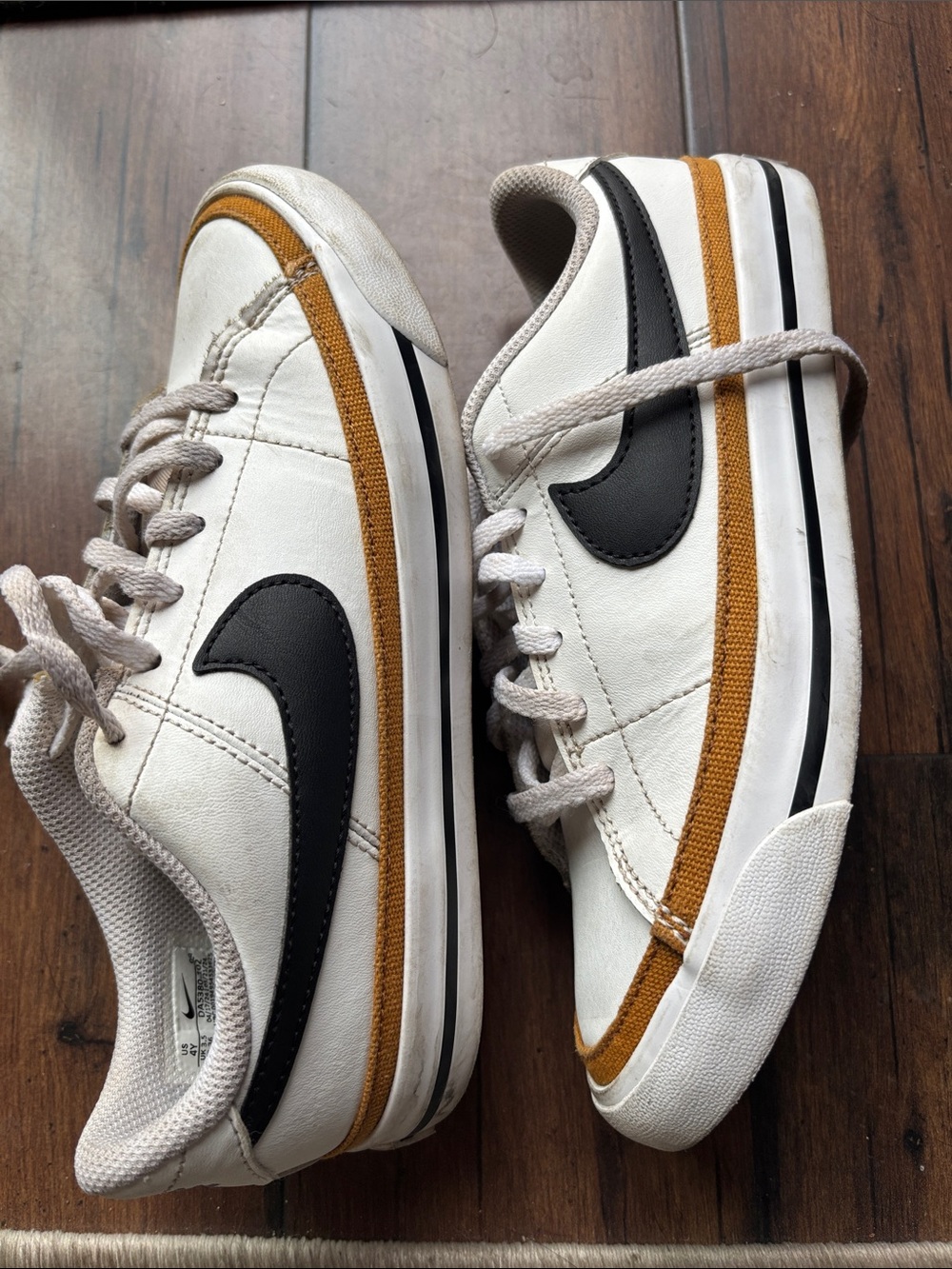 Nike Court Legacy White Sneakers with Black Swoosh and Tan Accent (US 4Y)